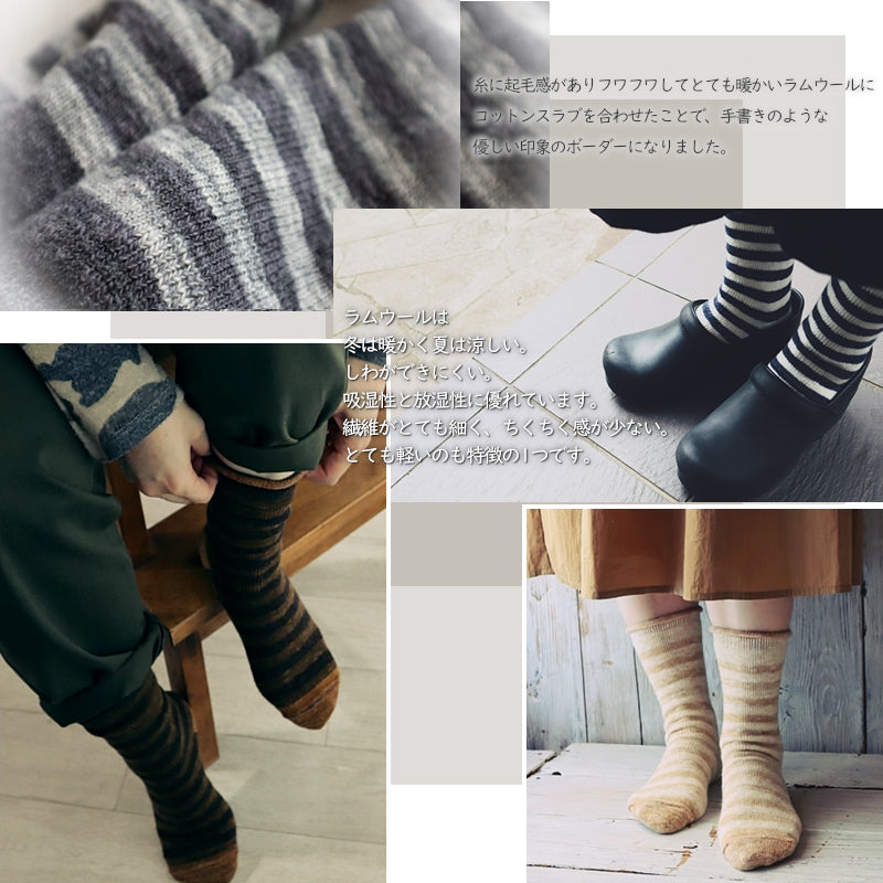 【Put on socks プットオンソックス】"winter marine(ウィンターマリン)" ラムウール&綿スラブ ボーダーソックス(6 COLOR)